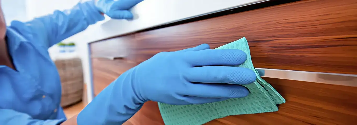 Cleaner wearing blue gloves wiping a wooden cabinet drawer with a microfiber cloth for dust and grime removal, Portland, OR.
