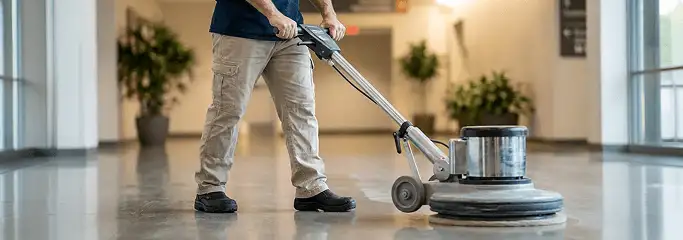 Professional technician using an industrial floor buffer to polish and maintain shiny commercial flooring in a corporate hallway in Portland, OR.