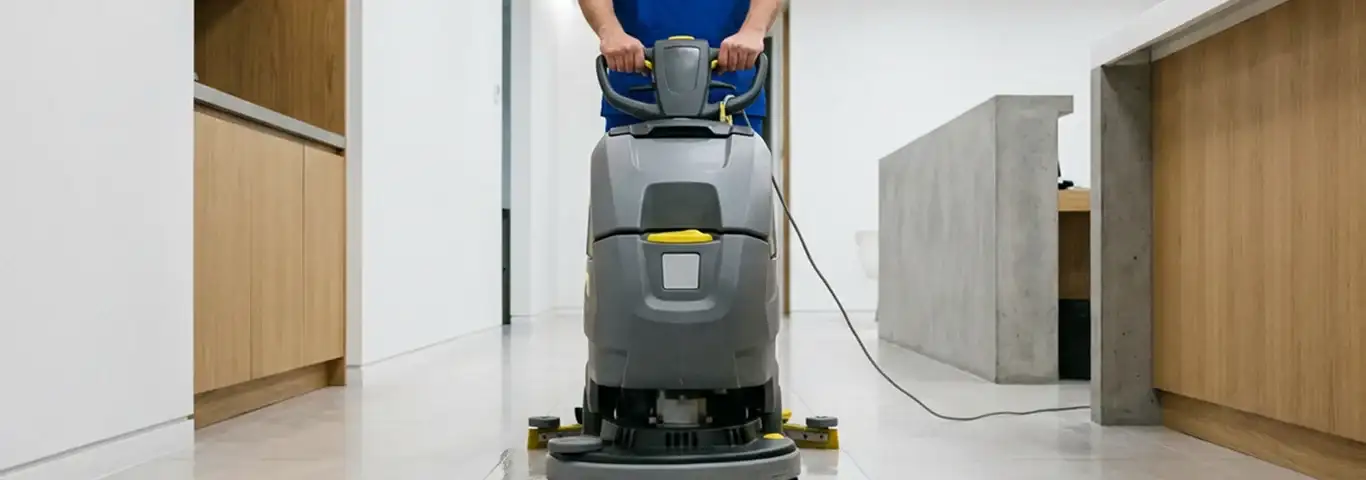 Janitorial staff using a floor scrubber machine to clean a commercial hallway, Portland, OR.
