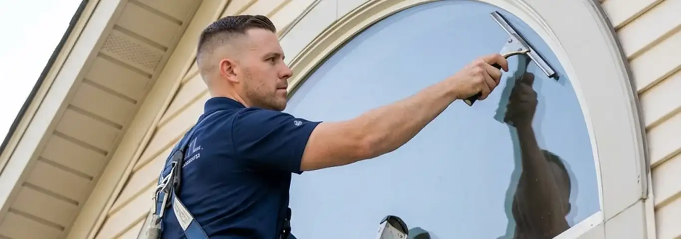Professional window cleaner using a squeegee to clean an exterior arched window on a home, Portland, OR.
