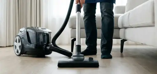 Professional house cleaner vacuuming a living room floor with a canister vacuum cleaner, Portland, OR.