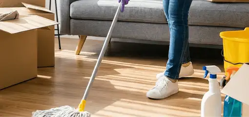 Move-out cleaning setup with a cleaner mopping hardwood floors near moving boxes and cleaning supplies, Portland, OR.
