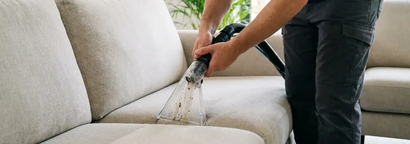 Technician extracting dirt and moisture from a fabric sofa with an upholstery cleaning wand, Portland, OR.