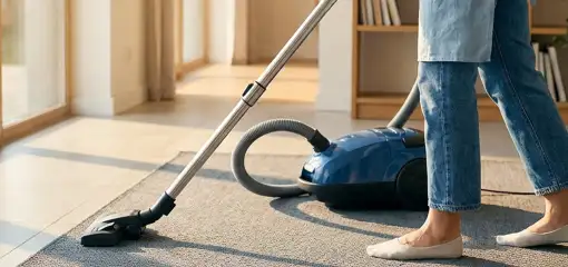 Person vacuuming a living room rug with a canister vacuum cleaner near large windows, Portland, OR.